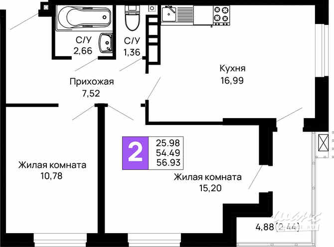 2-к квартира, 56.93 м², этаж 3/16 Майкоп - изображение 3