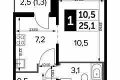1-к квартира, 24.9 м², этаж 20/25