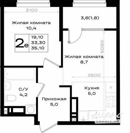 2-к квартира, 35.1 м², этаж 18/18 Аксай - изображение 3