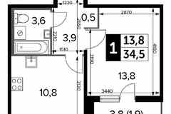 1-к квартира, 34.3 м², этаж 22/25