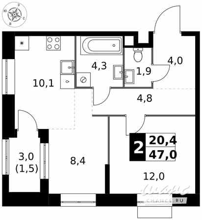 2-к квартира, 47 м², этаж 12/32 Москва - изображение 2