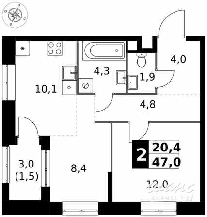 2-к квартира, 47 м², этаж 20/32 Москва - изображение 2