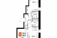 3-к квартира, 58.8 м², этаж 18/42