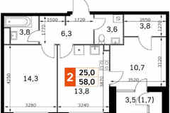 2-к квартира, 56.6 м², этаж 30/43