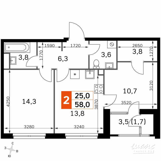 2-к квартира, 56.6 м², этаж 30/43 Москва - изображение 1