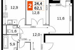 2-к квартира, 60.9 м², этаж 19/43