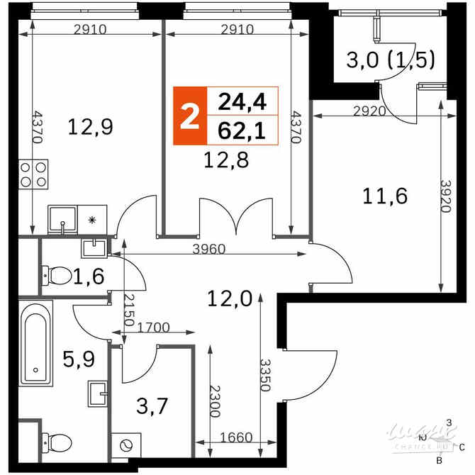 2-к квартира, 60.9 м², этаж 19/43 Москва - изображение 1
