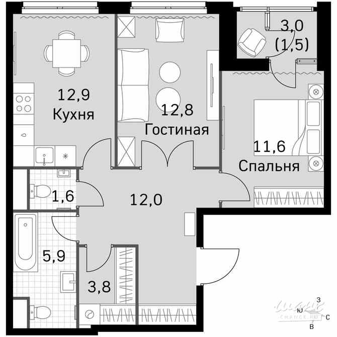 2-к квартира, 60.9 м², этаж 19/43 Москва - изображение 2