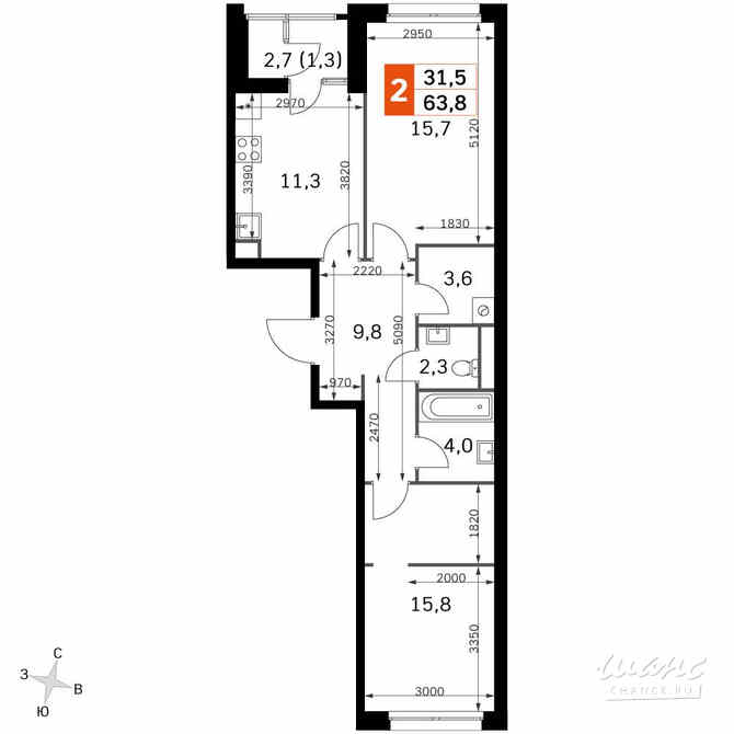 2-к квартира, 61.6 м², этаж 20/43 Москва - изображение 1