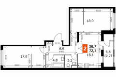 2-к квартира, 70.2 м², этаж 17/43