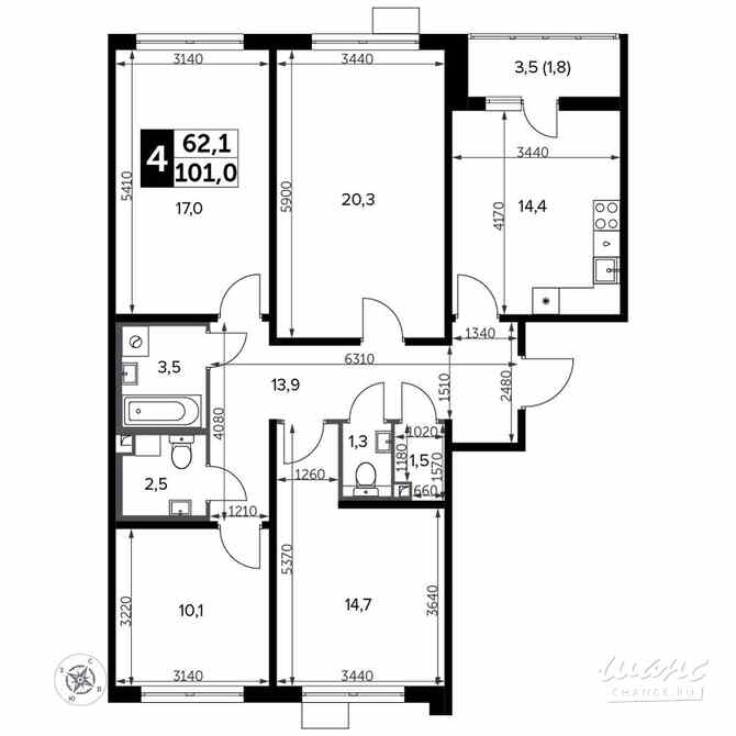 4-к квартира, 101.2 м², этаж 20/22 Москва - изображение 1