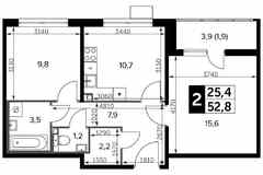 2-к квартира, 53 м², этаж 9/22