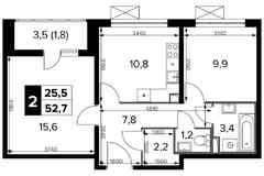 2-к квартира, 52.7 м², этаж 21/22