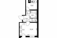 2-к квартира, 45.1 м², этаж 6/16