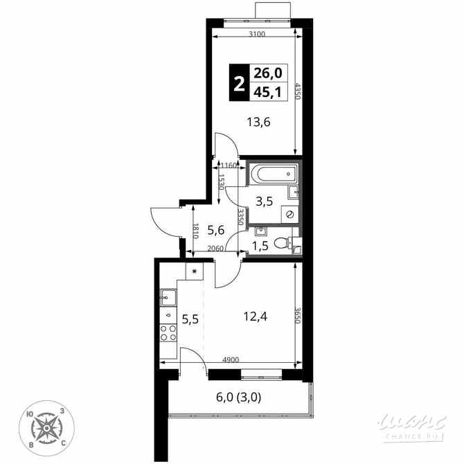 2-к квартира, 45.1 м², этаж 6/16 Химки - изображение 1