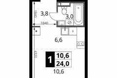 1-к квартира, 24 м², этаж 3/24
