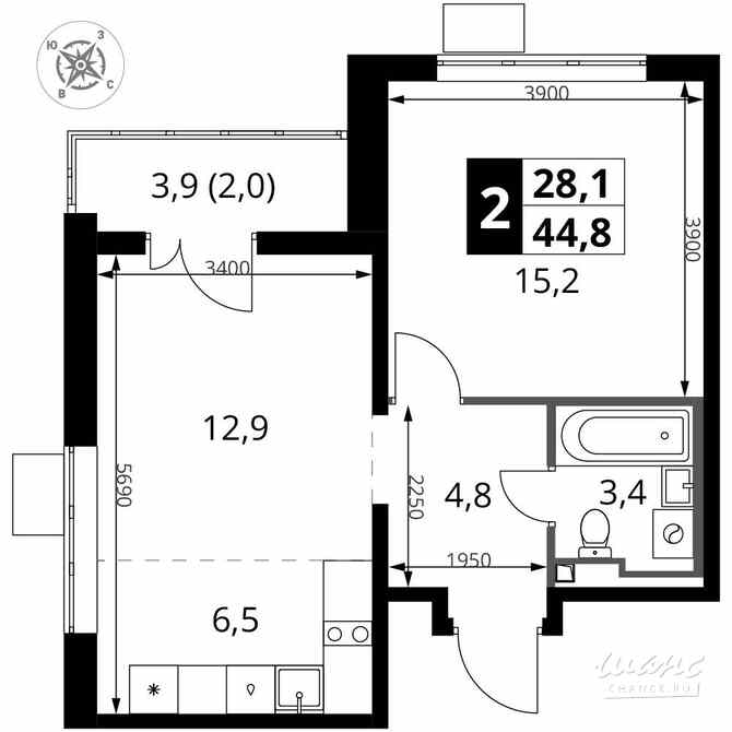 2-к квартира, 44.8 м², этаж 9/24 Москва - изображение 1