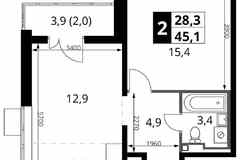 2-к квартира, 45.1 м², этаж 14/24