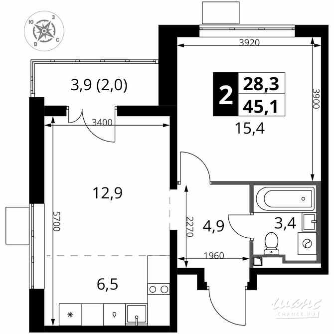 2-к квартира, 45.1 м², этаж 20/24 Москва - изображение 1