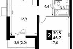2-к квартира, 46.7 м², этаж 7/24