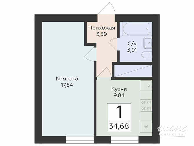 1-к квартира, 34.68 м², этаж 1/13 Самара - изображение 3