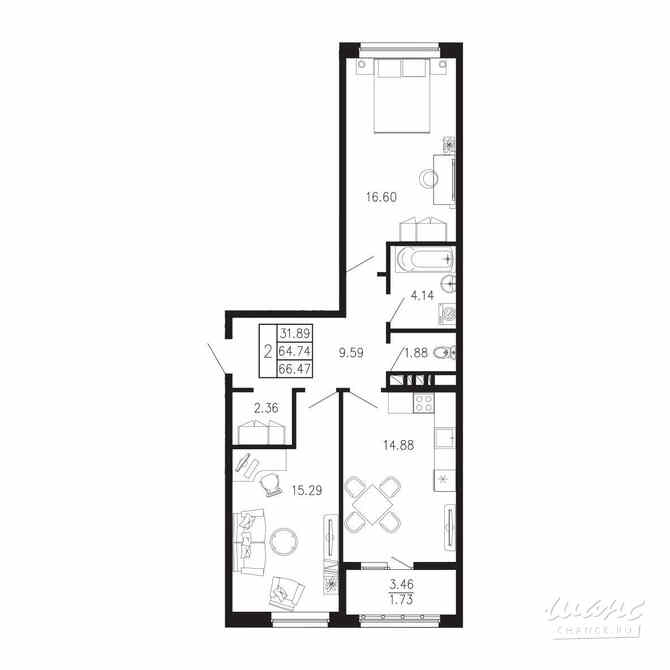 2-к квартира, 66.47 м², этаж 2/9 Крым - изображение 3