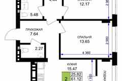 2-к квартира, 63.05 м², этаж 2/7