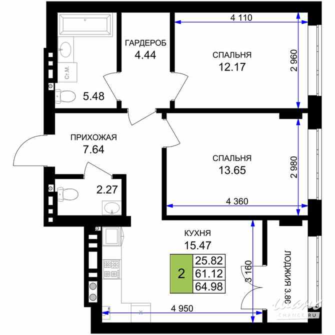 2-к квартира, 63.05 м², этаж 2/7 Гурьевск - изображение 1