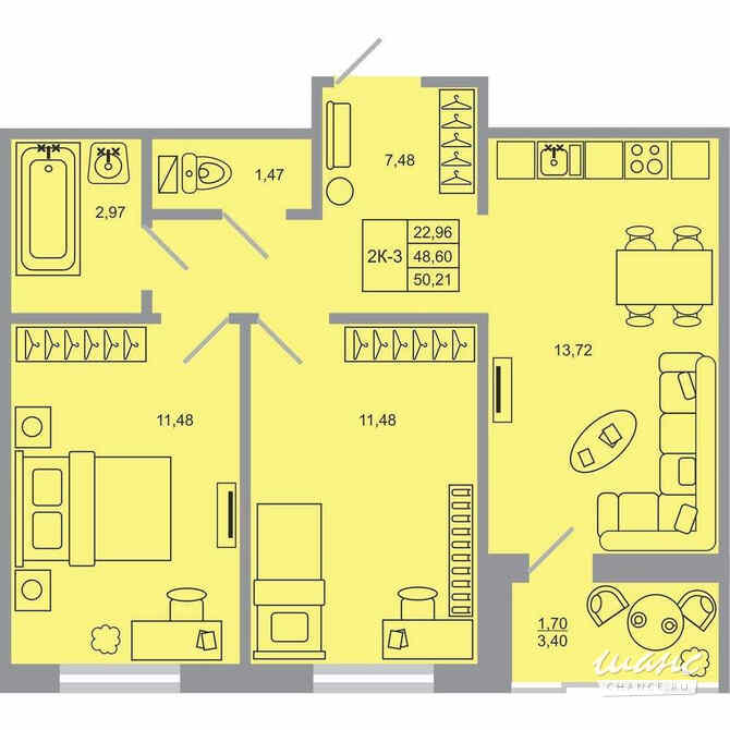 2-к квартира, 50.21 м², этаж 12/20 Бугры - изображение 1
