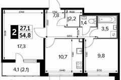 2-к квартира, 54.7 м², этаж 21/25
