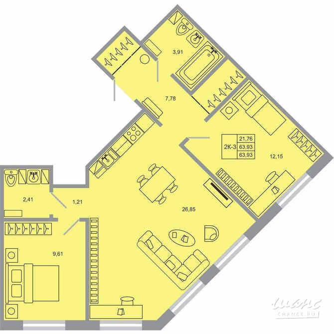2-к квартира, 63.93 м², этаж 2/17 Бугры - изображение 1