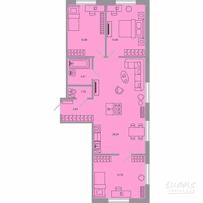 3-к квартира, 71.28 м², этаж 5/20 Бугры - изображение 1