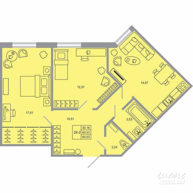 2-к квартира, 59.9 м², этаж 2/17 Бугры - изображение 1