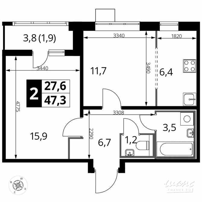 2-к квартира, 47.4 м², этаж 22/24 Люберцы - изображение 1