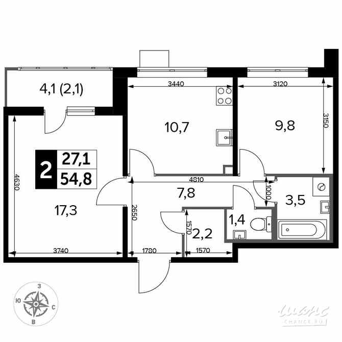 2-к квартира, 54.7 м², этаж 24/25 Люберцы - изображение 1