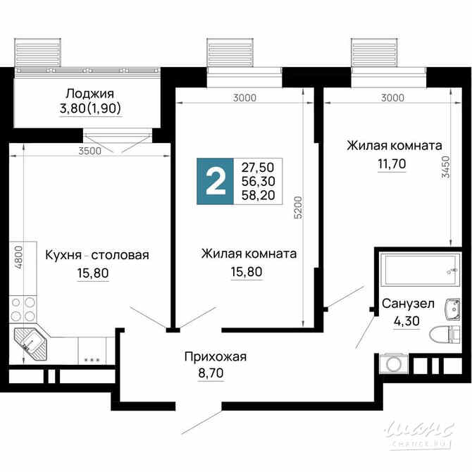 2-к квартира, 58.2 м², этаж 13/16 Тахтамукай - изображение 1