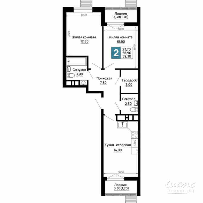 2-к квартира, 59.3 м², этаж 1/16 Тахтамукай - изображение 1
