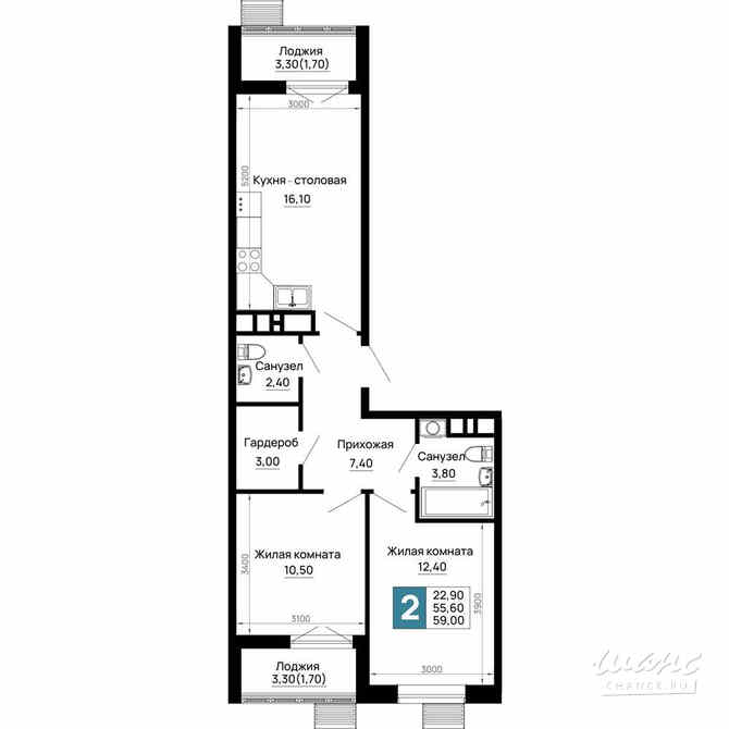 2-к квартира, 59 м², этаж 1/16 Тахтамукай - изображение 1