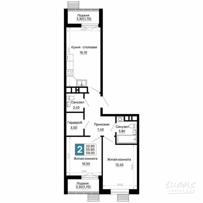 2-к квартира, 59 м², этаж 13/16 Тахтамукай - изображение 1