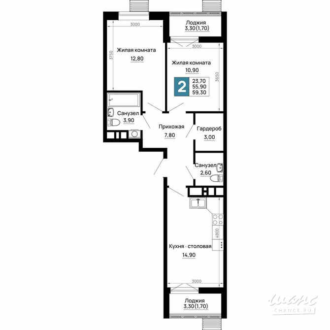 2-к квартира, 59.3 м², этаж 4/16 Тахтамукай - изображение 1
