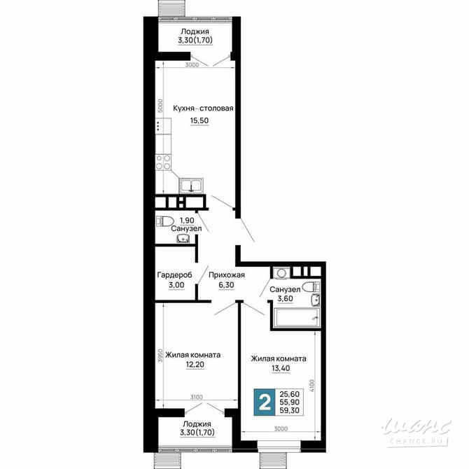 2-к квартира, 59.3 м², этаж 1/16 Тахтамукай - изображение 1