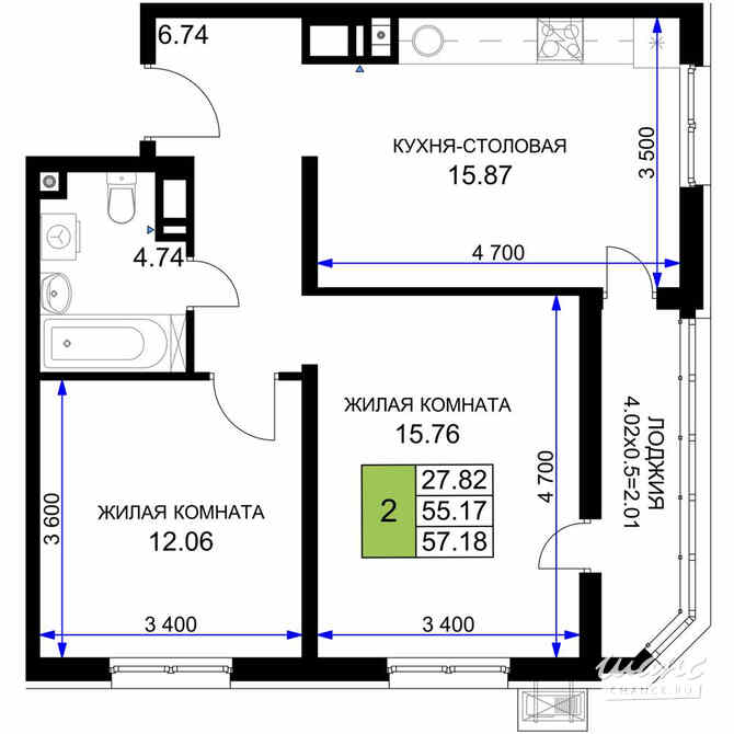 2-к квартира, 57.18 м², этаж 18/18 Краснодар - изображение 2