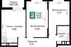 2-к квартира, 58.2 м², этаж 16/16