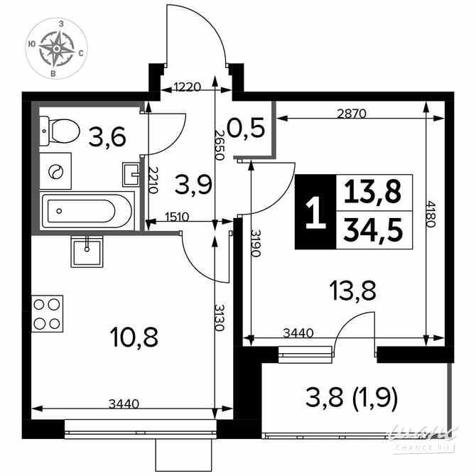 1-к квартира, 34.3 м², этаж 22/25 Люберцы - изображение 1
