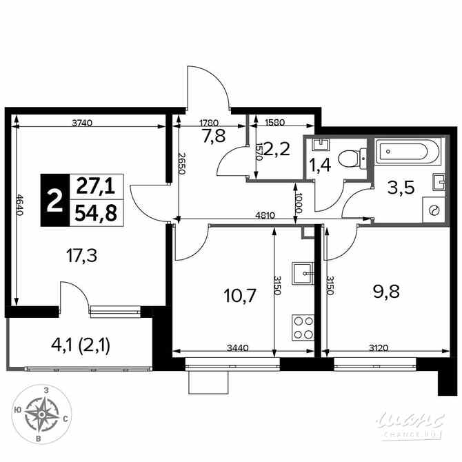 2-к квартира, 54.7 м², этаж 17/25 Люберцы - изображение 1
