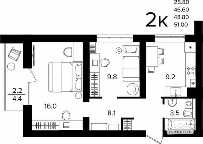 2-к квартира, 48.8 м², этаж 2/4 Гурьевск - изображение 3
