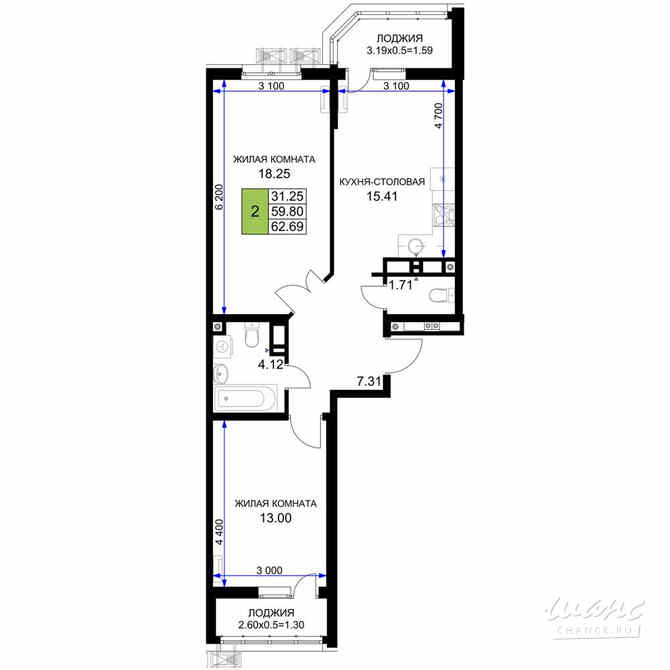 2-к квартира, 62.69 м², этаж 4/18 Краснодар - изображение 2