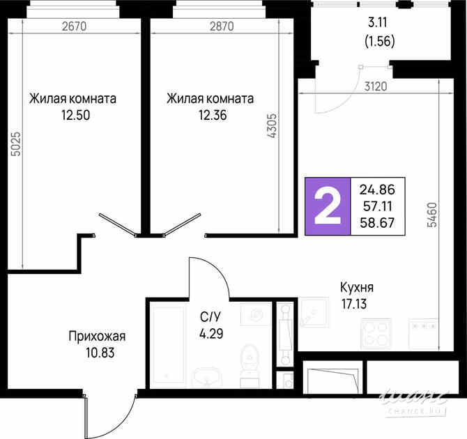 2-к квартира, 58.67 м², этаж 3/23 Всеволожск - изображение 3