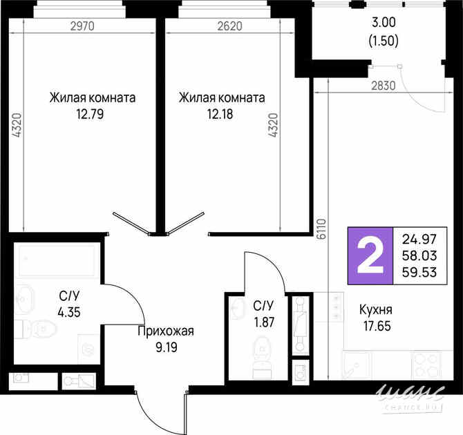 2-к квартира, 59.53 м², этаж 2/23 Всеволожск - изображение 3
