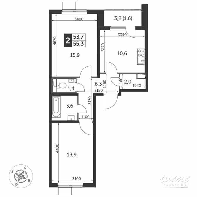 2-к квартира, 55 м², этаж 5/23 Люберцы - изображение 3